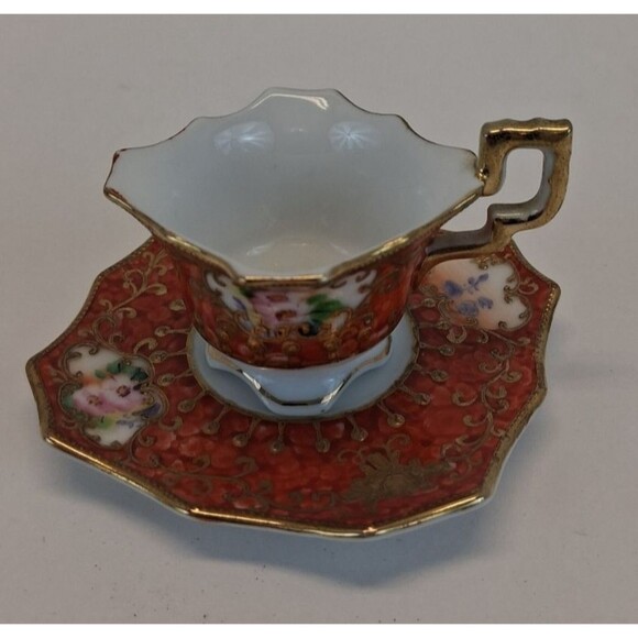 Unbranded Other - VTG Japan Hand Painted Miniature Cup Saucer Red Gold Floral Porcelain 1920s-30s